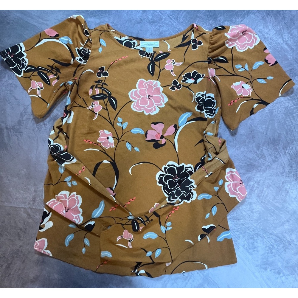 Motherhood Maternity Blouse Womens S Brown Floral Short Sleeve Tie Front Top